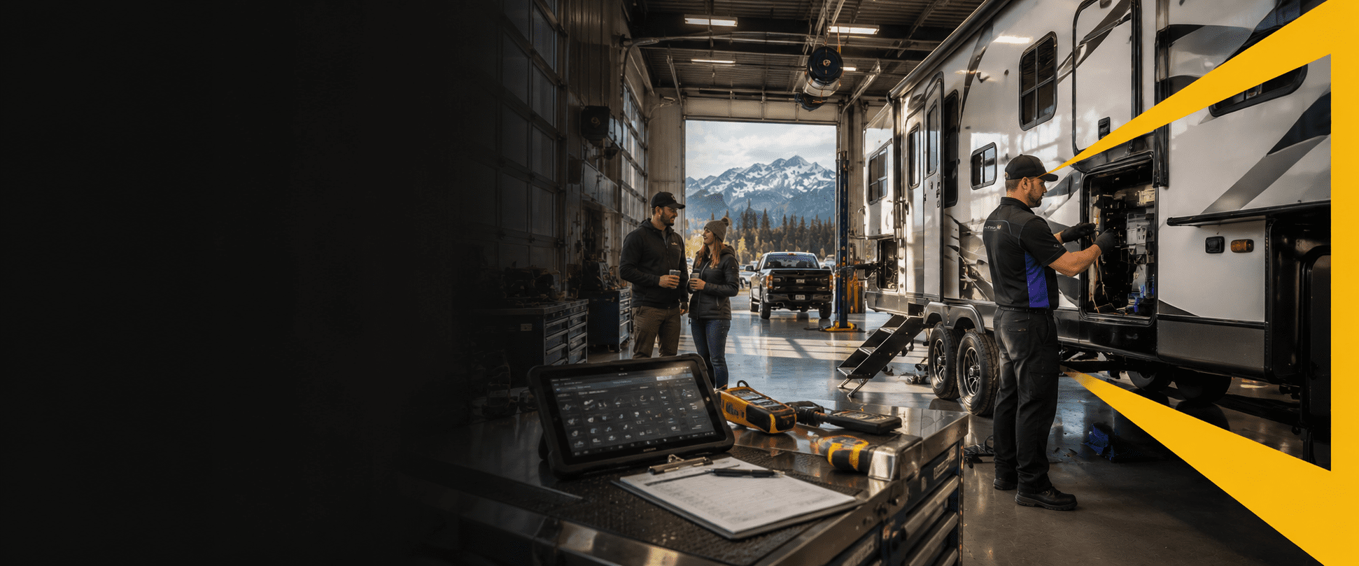 Runners RV technicians preparing an RV for a trip in the Cranbrook service bay