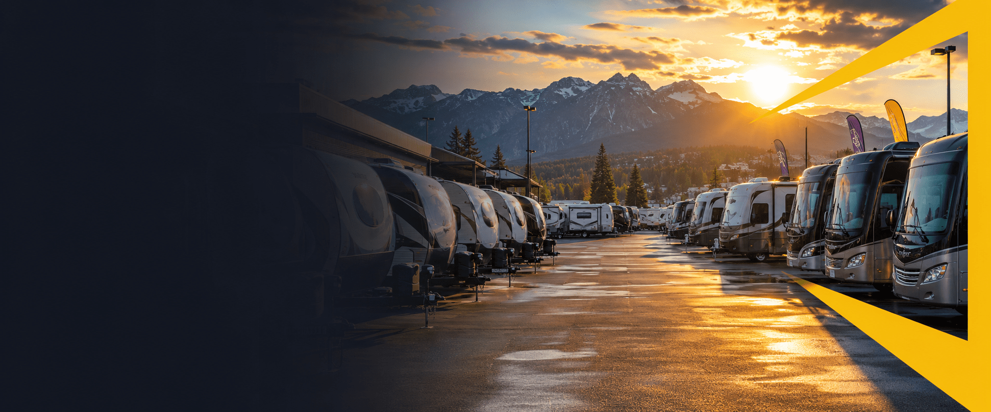 Runners RV lot at sunset with rows of new and used RVs for sale in Cranbrook BC